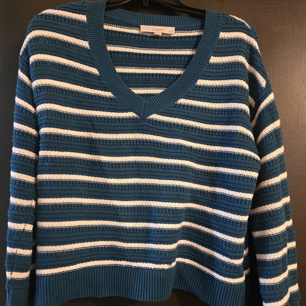LOFT Teal and White Striped V-Neck Sweater